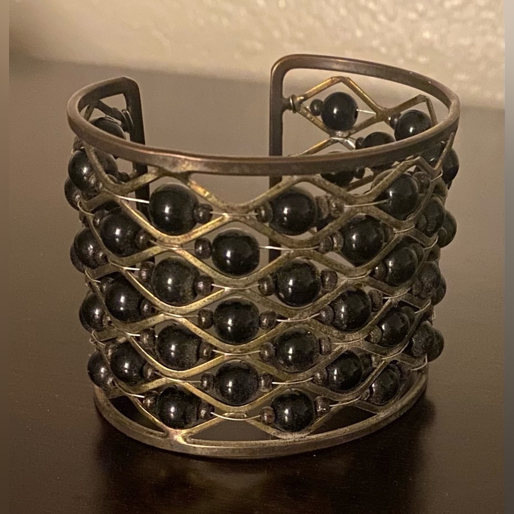 Vintage Black Beaded Cuff Bracelet Wide Metal Statement Boho Jewelry - Picture 2 of 4
